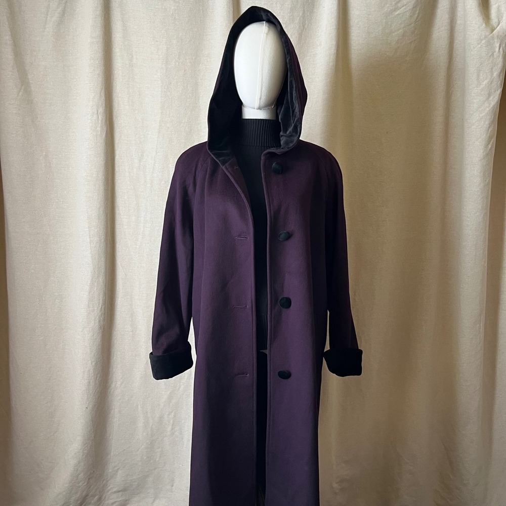Vintage MDP Mario De‎ Pinto Plum Purple Hooded Pure Wool Long Coat M 8/10 - Picture 8 of 10